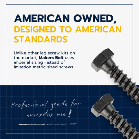 Heavy Duty Lag Screw Kit One Quarter By One And A Quarter Inch With One Hundred Screws And One Hundred Washers Ceramic Black Ruspert Coating For Exterior Use Outdoor Grade Meets ASTM A307 And ASME B18 2 1 Industrial Grade Makers Bolt screws on blue background.