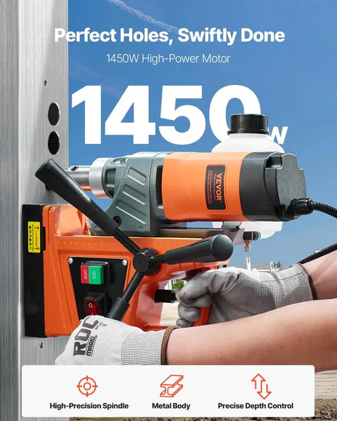 Portable Magnetic Drill Press With 1300W Copper Motor 810 RPM 1.57 Inch Boring Capacity shown drilling metal surface
