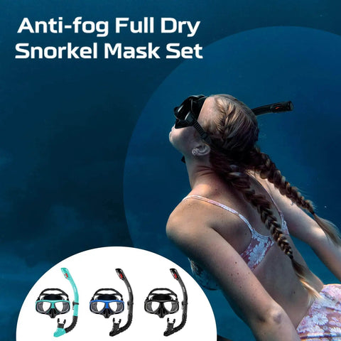Woman swimming underwater wearing Myopia Friendly Dry Snorkel Gear With Detachable Camera Mount, Anti Fog Mask And Dry Top Snorkel