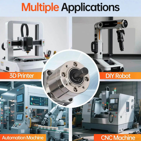 Collage showing geared Nema 14 stepper motor with planetary gearbox and its applications in 3D printers, CNC, DIY robots, and automation.