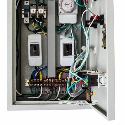Inside view of an electrical cabinet with wires and fuses, installed with a Cabinet Door Stop Hinge, Metal Right-Handed Nickel-Plated Tx90-2