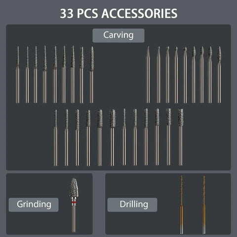 33 accessory bits for Mini Cordless Engraving Pen Kit With 30 Carving Bits 2 Drilling Bits and 1 Tungsten Carbide Grinding Bit