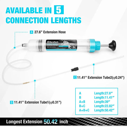 500cc Fluid Extractor With Long Hose And Extension Tubes For Brake Fluid And Oil, showing 27.6-inch hose and extension tubes.