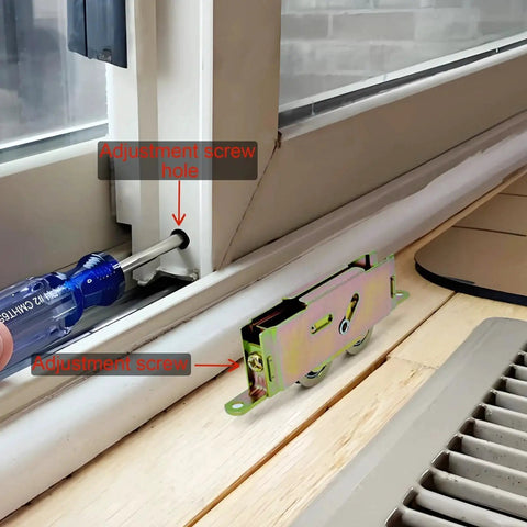 Tandem Replacement Sliding Patio Door Rollers Kit with 1-1/4 Inch Steel Ball Bearing Wheels installed and being adjusted with screwdriver