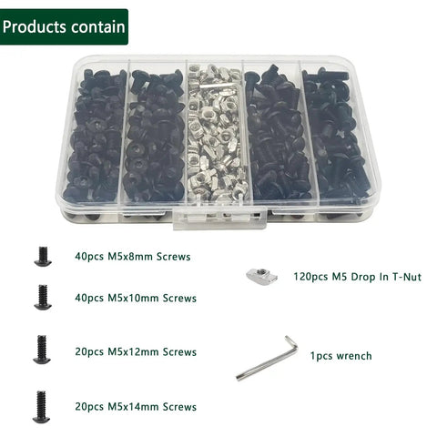 M5 T Nut Screws Kit For 2020 2040 2080 Extrusion With 120 Screws And 120 TNuts in case with wrench