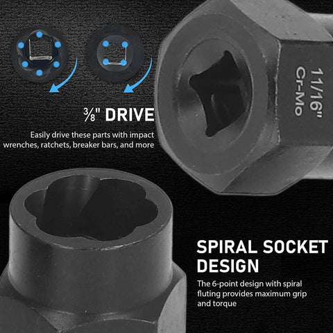 Spiral socket design of Beefy 13 Piece Impact Nut And Bolt Removal Kit for damaged fasteners with chrome molybdenum steel.