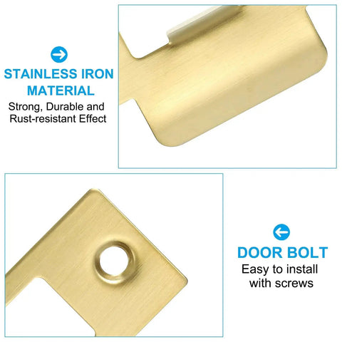 2-3/4 Inch Stainless Steel Gold Door Strike Plate Set with screws, featuring close-up of gold finish and large hole reinforcement plate for security