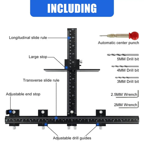 Adjustable Cabinet Handle Template Tool For Doors And Drawers Aluminum Alloy Jig showing components including slide rules and drill bits
