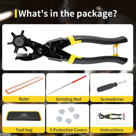 Long Handle Revolving Leather Hole Punch Kit for belts with ruler, grinding rod, screwdriver, tool bag, protective covers, instructions
