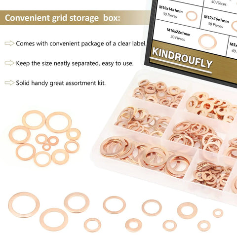 Copper Sealing Washers Kit, Kindroufly 320 Pieces, 11 Metric Sizes M5 To M20, in transparent storage box for automotive, plumbing, DIY.