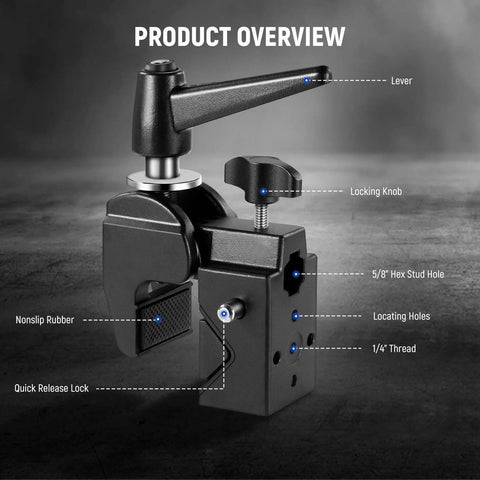 NEEWER camera super clamp with 5/8 in. stud; black metal, heavy-duty jaw, lever and locking knob, 1/4 in. thread hole
