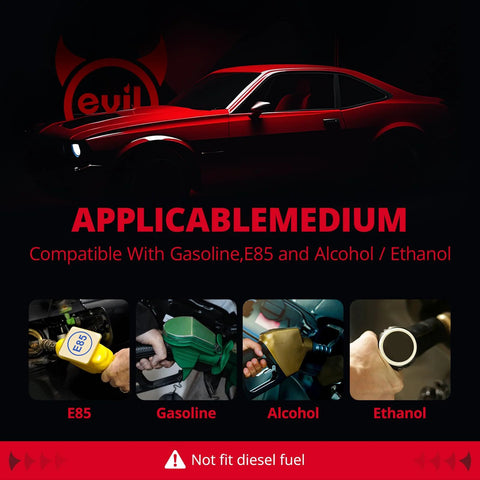 EVIL ENERGY fuel pressure regulator 6AN EFI; red car with EVIL logo; E85, Alcohol, Ethanol icons; Not for diesel fuel