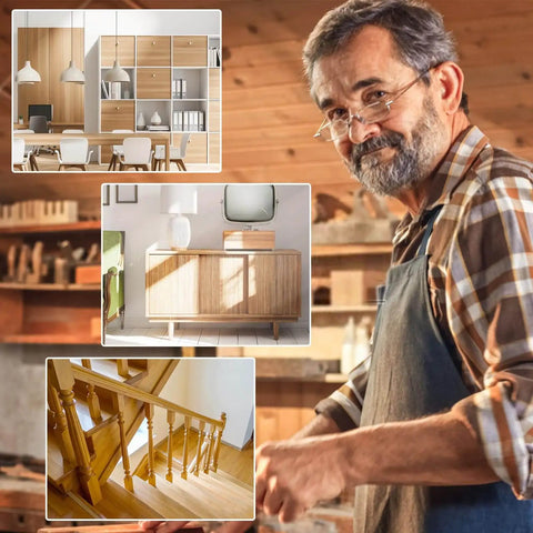 Woodworker in workshop with images of completed wooden furniture and stairs highlighting joinery skills