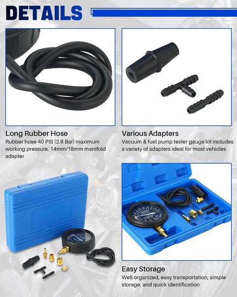 Car Vacuum and Fuel Pump Tester Gauge Kit with rubber hose, adapters, and storage case for diagnostics and engine health check.