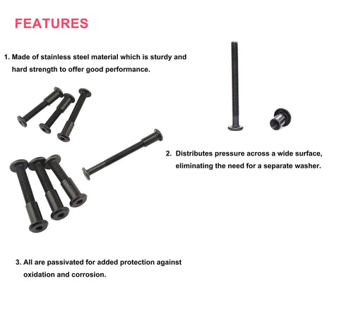 114 Piece Black M6 Allen Bolts Kit With Flat Head Socket Cap Screws And Cap Nuts For Furniture Chairs Beds And Cribs 15Mm To 80Mm Range Includes Hex Key And Bit For Easy DIY Assembly components displayed with features.