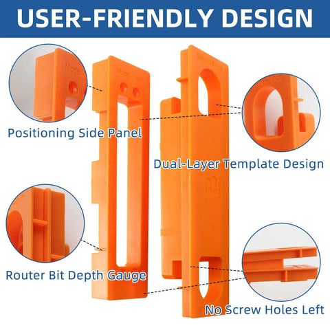 User-friendly Hidden Hinge Mortiser Template for 6 Inch Concealed Doors, showing orange dual-layer design and side panels.