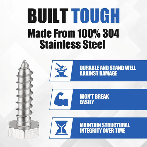 50 Pack 1/4 In By 1 In Hex Head Lag Screws 304 Stainless Steel shown with features and benefits like durability and strength.