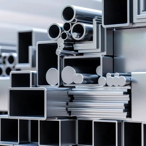 Assorted metal tubes and bars, varying sizes, for industrial and architectural use.