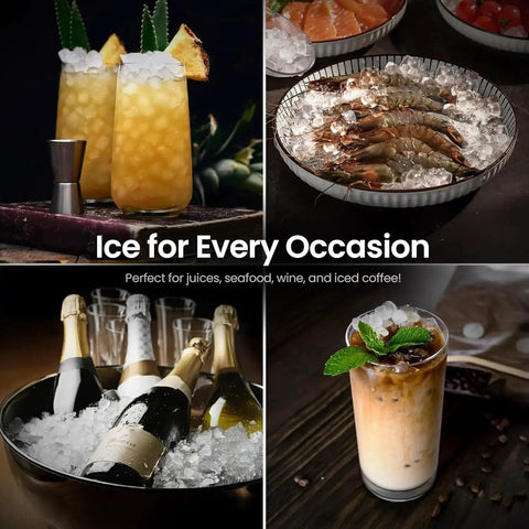 Drinks and seafood on ice showcasing uses of nugget ice from Nugget Ice Maker Countertop Portable 35 Lbs Per Day Self Cleaning One Click