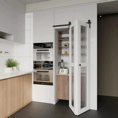 Installed Bi-Folding Sliding Barn Door Hardware Kit For Two Doors 40 Inch Rail Low Ceiling Lite Version Fits Double 18 Inch Bifold Doors