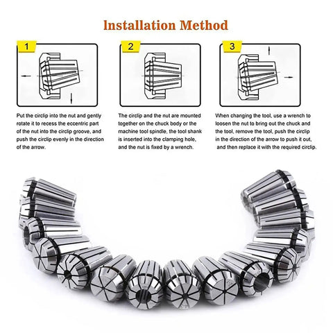 Pro Grade Heavy Duty 15 Piece ER20 Collet Set Ranging 1 To 13 mm shown with installation method steps and collets arrangement
