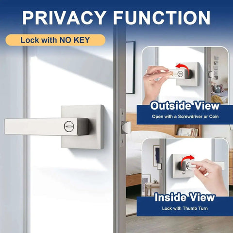 Three Pack Satin Nickel Privacy Door Levers, shown with lock without key, highlighting outside and inside views for bedroom and bathroom.