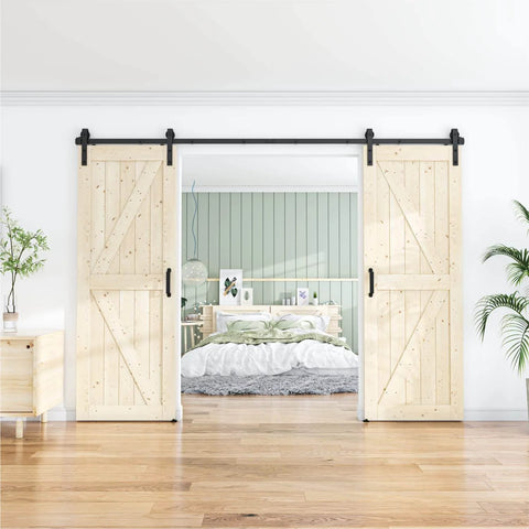 Antique Style 15 Foot Double Sliding Barn Door Hardware Roller Track Kit Black Finish Beefy Heavy Duty Steel Rails And Pulleys Supports Up To 230 Lbs 4 To 18 Foot Length Options For Home Farmhouse And Vintage Decor installed in bedroom