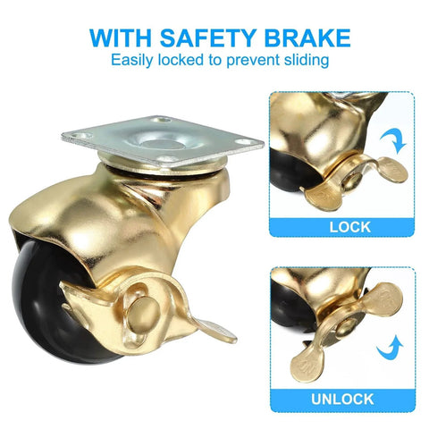 Gold 1.5 Inch Ball Caster Wheels With Brake, 4 Pack, 360 Degree Swivel Top Plate, showing lock and unlock positions.