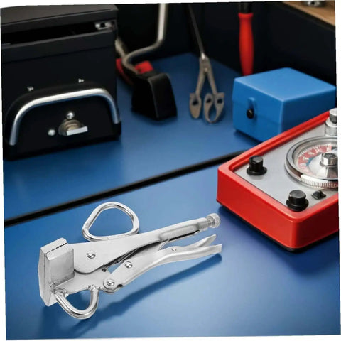 Heavy Duty Auto Body Sheet Metal Clamp Pliers With Wide Duckbill Jaw for welding on a blue workbench with tools; side view