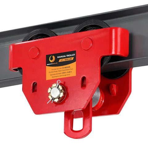 3 Ton Manual I Beam Trolley With Adjustable Width for flange 3.66 to 8.46 inches, showing heavy-duty wheels on overhead beam