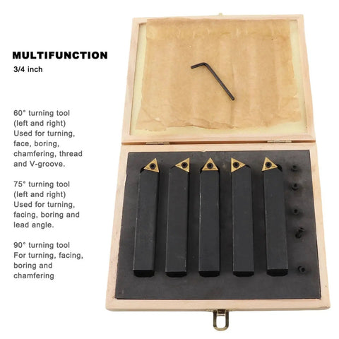 Five-Piece Carbide Turning Tool Set With Three-Quarter Inch Indexable Turning Tools in wooden box with inserts visible