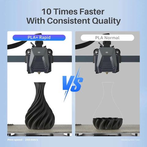 Comparison of 3D print quality using PLA+ Rapid vs PLA Normal, demonstrating speed and quality differences in filament performance.