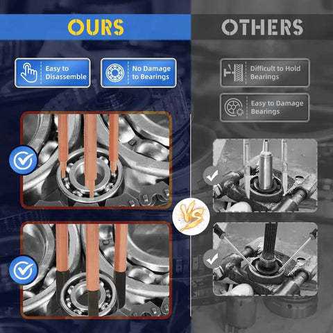 Comparison of Versatile Bearing Puller Kit For Internal And External Removal vs others, showing easy disassembly and no damage to bearings.