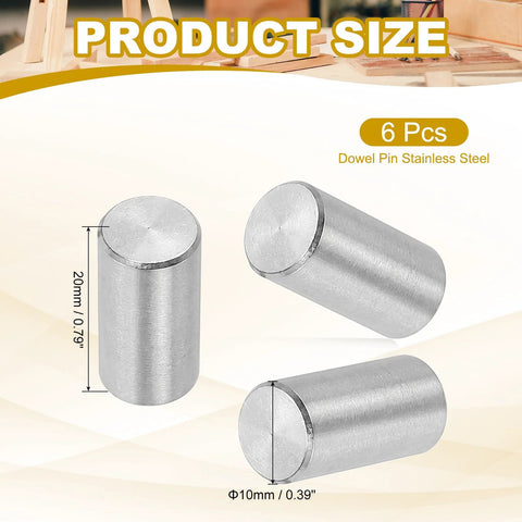 10mm X 20mm Stainless Steel Dowel Pins Set Of 6 For Shelves And Furniture Fixing showing three pins with dimensions