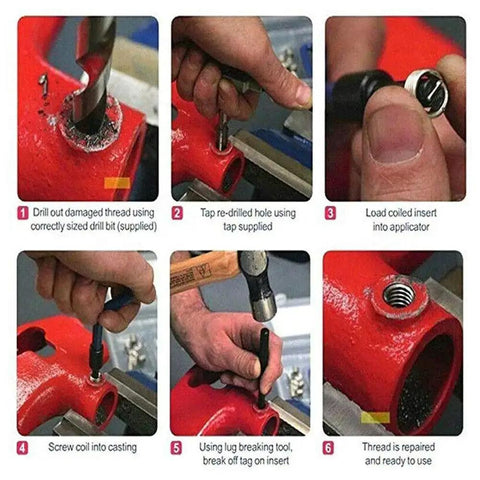 Pro Grade M4 Thread Repair Kit With 25 Helicoil Inserts in use on red metal machinery, steps for repairing damaged threads