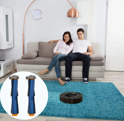 Shark AI replacement roller brushes, blue with orange ends (pair), for Shark AI robot vacuum; close-up on blue rug