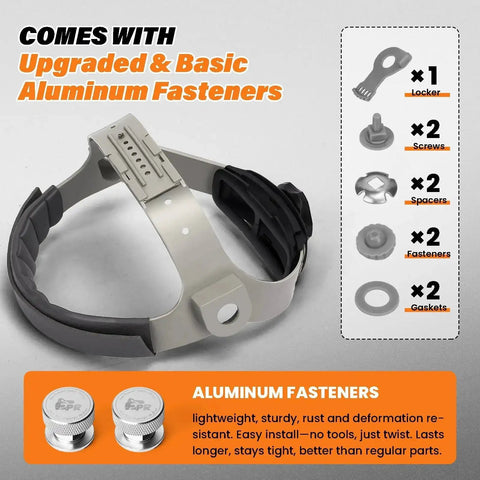 Headgear Replacement For Welding Helmets With 100 Percent Aluminum Fasteners Adjustable Ratcheting Dial Cushioned Pad And Easy Install Fits Fiber Metal Sugar Scoop And Pipeliner Hoods For Pro Welders Comfort And Durable Protection shown with fasteners and assembly tools