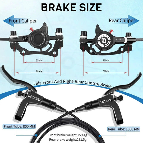 Bucklos MTB hydraulic disc brake set; left-front 800mm and right-rear 1500mm hoses; aluminum alloy levers with calipers.