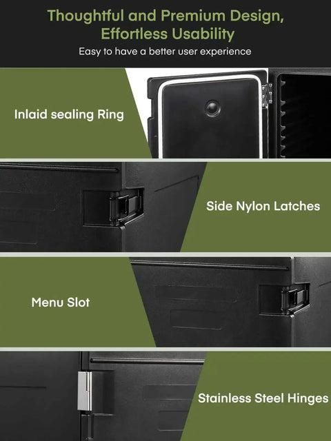 Insulated Food Warmer Carrier Set Of 2 With Stackable Pans Four Wheels Including Two With Brakes Front Loading Door Opens To 270 Degrees interior features with inlaid sealing ring, nylon latches, menu slot, and stainless steel hinges.