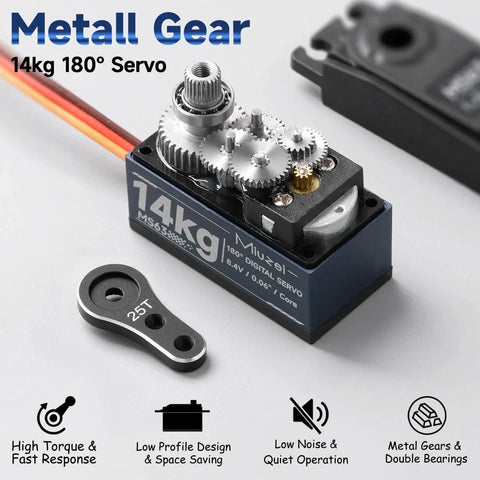 14kg metal gear digital servo with visible gears and horn, showing high torque and fast response, suitable for RC models