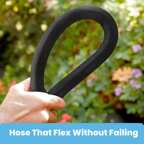 Haeteir 100ft garden hose with black braided exterior, held by hand in a garden setting