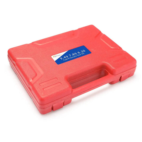 Red carrying case for Fuel Pressure Test Kit 0 To 100 PSI With SAE Adapters For Universal Engines, closed view.