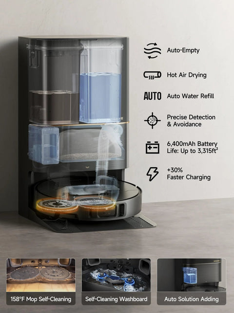 DREAME X40 Ultra robotic vacuum with removable liftable mop, black body, transparent water tank, auto-empty dock.