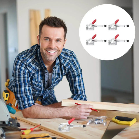 Toggle Clamp Set Four Pack With Quick Release Push Pull Action with man in workshop, wood, and tools in the background.