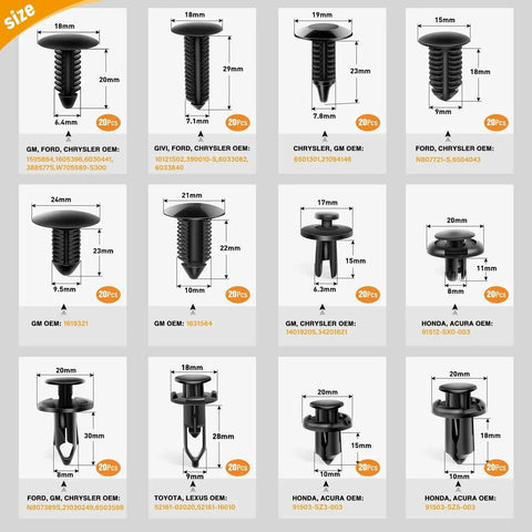 Car Bumper Retainer Clips Kit 240Pcs 12 Sizes Push Pin Rivets For Trim Fender detailed size chart.