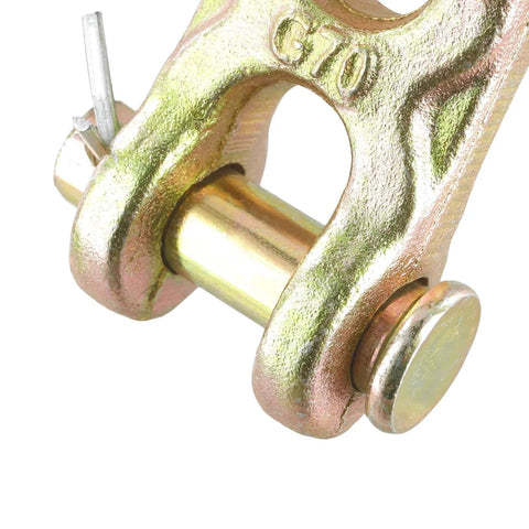 Close-up of 8 Pack 3/8 Inch Twin Clevis Link Zinc Plated G70 Forged Chain Repair Links for Truck and Trailer Tie Downs