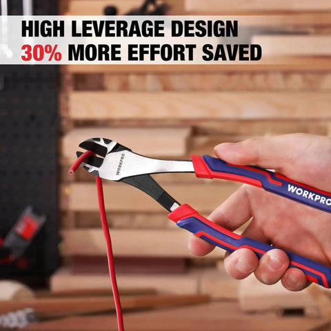 Eight Inch High Leverage Diagonal Pliers For Wire Cutting With Precision Bevel Edges And Built Tough Pro Grade Chrome Vanadium Steel Construction Perfect For Electricians And Hobbyists Workpro cutting red wire