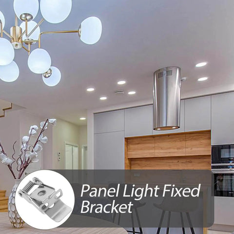 Modern kitchen with overhead lights and a close-up of a heavy-duty metal spring clip for easy installation of LED panels