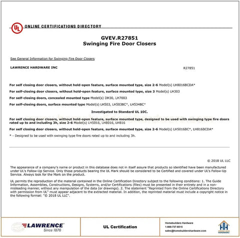Certification directory page for swinging fire door closers by Lawrence Hardware Inc, featuring model specifications and standards.