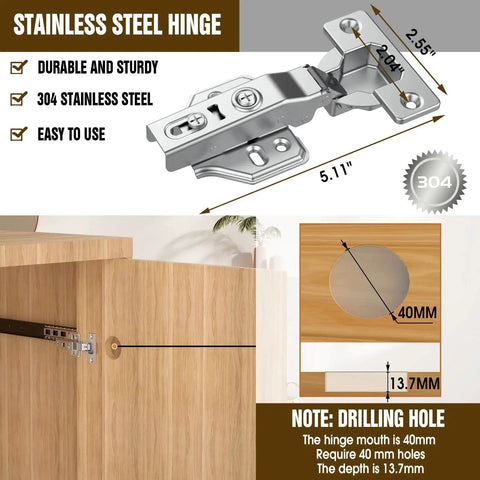 Stainless steel hinge with dimensions, showcasing installation on wooden cabinet with 40mm drilling hole instructions.